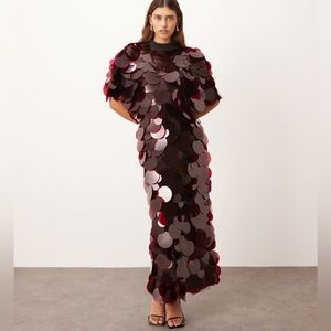 ASOS ARRANGE high neck paillette sequined fringe hem maxi dress in merlot size 2